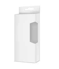 White blank hanging display box with clear window, realistic vector mockup