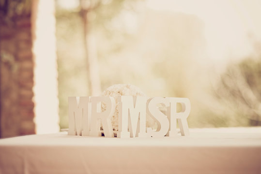 MR & MRS decorative letter abbreviations at a wedding ceremony.