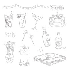 Vector set of illustrations of party things. Birthday cake and presents, drinks and vinyl for music. Expanded stroke. Isolated on white background.