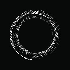 Abstract white halftone dots shape in circle form. Geometric art. Trendy design element for logo, tattoo, sign, symbol, web pages, prints, posters, template, pattern and abstract background