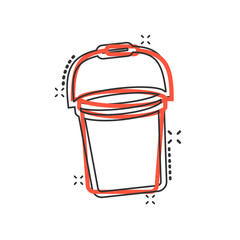 Bucket icon in comic style. Garbage pot cartoon vector illustration on white isolated background. Pail splash effect business concept.