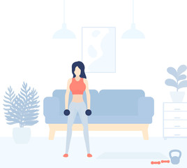 girl training at home, vector illustration