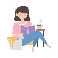 stay at home, young woman reading book and cat cartoon