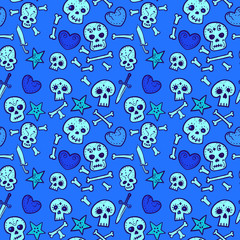 pattern with skulls and hearts, bones and daggers, vector seamless background in blue tones