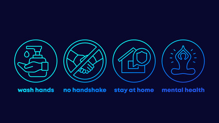 stop coronavirus advices, wash hands, stay at home line icons