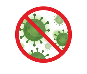 Graphic illustration of Corona virus, covid-19 background, Green virus, white background, vector. Prohibition symbol, warning protection sign