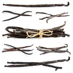 Set with dried vanilla pods on white background