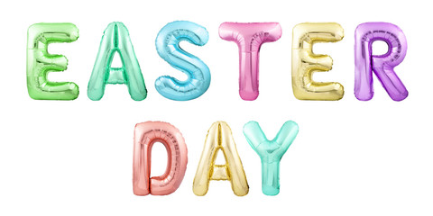 Easter Day quote made of colorful inflatable balloons isolated on white background. Easter day words