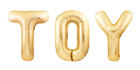Toy word made of golden inflatable balloons isolated on white background