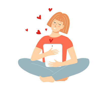 Pretty woman smiling character sit in lotus pose holding tablet chatting, dating online, like hearts fly from screen. Internet dating romance love and social network concept. Vector flat illustration.