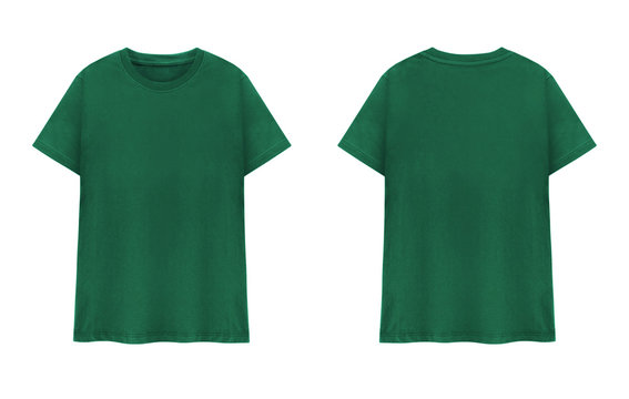 Green T-shirt front and back on white background. Photos | Adobe Stock