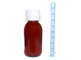 Medical baby syrup bottle and delivery device isolated on white