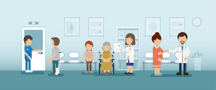 Doctor with patient in waiting area vector illustration