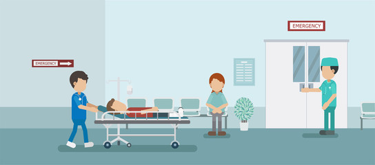 Doctor with injured patient in bed flat design vector illustration