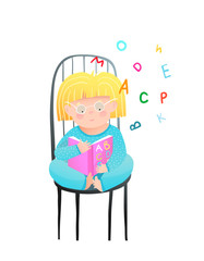 Little girl reading ABC book, sitting on chair, wearing pajamas. Funny cute child study to read book, adorable preschooler kid holding open ABC reading letters. Vector fun cartoon isolated clipart.