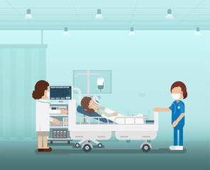 Fototapeta premium Medical service concept with patient and ventilator flat design vector illustration