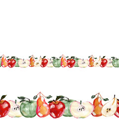 Repeat horizontal border design with hand drawn apples and pears on white background.