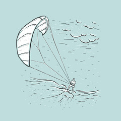 Kite surfing. Sketch vector blue illustration with hand drawn kite surfer, clouds, wave. Water sports. Free ride. Extreme sports. Design for print, cover, poster, card and banner