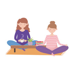 stay at home, pregnant woman and girl sitting in floor