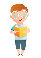 Boy read aloud book cute character standing holding open textbook and study. Kindergarten and school fun ABC cartoon for children, learning to read schoolboy. Watercolor style vector isolated clipart