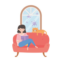 stay at home, girl reading book on sofa with cat cartoon
