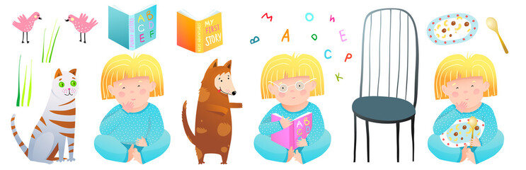 Children cartoon baby girl reading book with pets cat and dog, plate of food and spoon, chair. Cute colorful clipart infant activities objects collection. Vector hand drawn isolated cartoon.