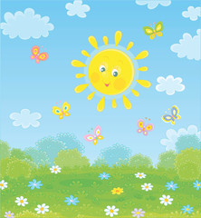 Friendly smiling sun playing with cheerful colorful butterflies flittering over a green field with beautiful flowers on a pretty summer day, vector cartoon illustration