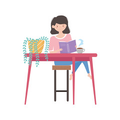 stay at home, girl reading book in table with coffee cup and potted plant