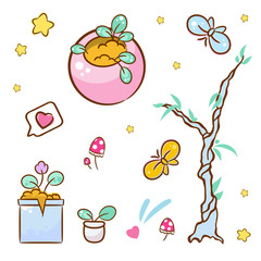 Set of vector cartoon elements for design. Kawaii flower pots with flowers and plants, tree with branches and leaves, agaric mushrooms, butterflies, heart and stars