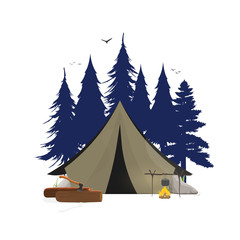 Collage on the theme of camping in the forest. Tent, forest, camping, logs, ax, bonfire. Good for logo, cards, t-shirts and banners. Isolated. Vector.