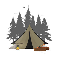 Collage on the theme of camping in the forest. Tent, forest, camping, logs, ax, bonfire. Good for logo, cards, t-shirts and banners. Isolated. Vector.
