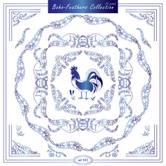 Vector set of vintage square and round frames. Ornamental corners, bird feathers, dividers, roosters. Frames in boho, indian, tribal style for arts, wedding card, invitation. Blue gzhel style