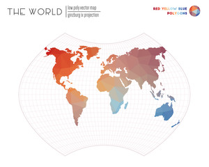Fototapeta na wymiar Vector map of the world. Ginzburg IX projection of the world. Red Yellow Blue colored polygons. Beautiful vector illustration.