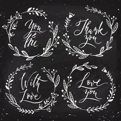 Set of four floral round frame with Love you calligraphy.