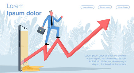 Online earnings. Businessman climbs the arrow of the graph that comes out of the phone screen. Business vector concept illustration.
