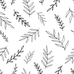 Seamless pattern with hand drawn forest leaves. Illustration in doodle style for wedding decoration, card, greeting, print and other floral vintage design.