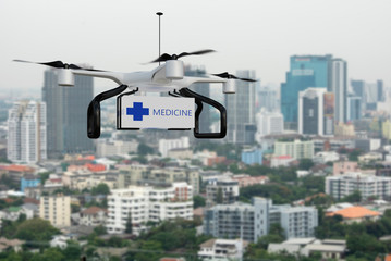 The drone transported with the first aid box flying. With the city as a background.
Emergency medical care concept. 3D Rendering.
