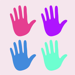 Palms of different colors on a pink background. Vector illustration.