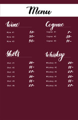 Restaurant brochure vector, menu design. Vector bar template with hand-drawn graphic. Wine, cognac, shots, whiskey. Food flyer design layout with lettering.