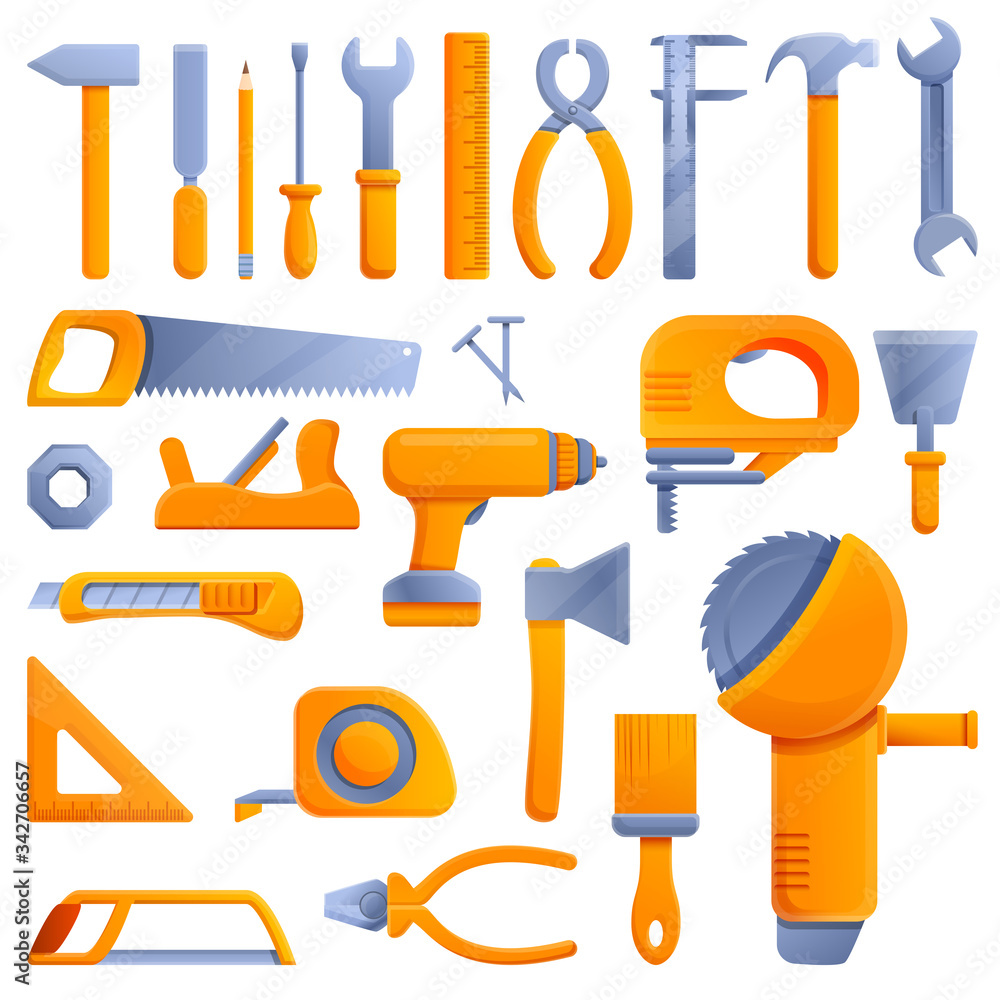 Poster carpenter tools icons set. cartoon set of carpenter tools vector icons for web design