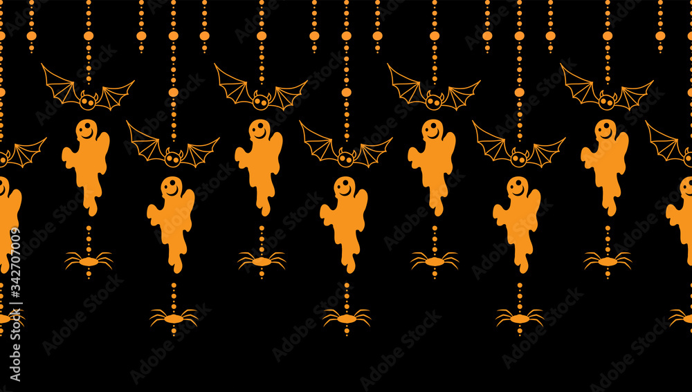 Wall mural Horizontal vector border pattern for Halloween design. Cute vertical tassels with spooky ghosts, spiders and beads ribbons. Colorful, festive elements for Halloween party borders, cards and more - Wall murals