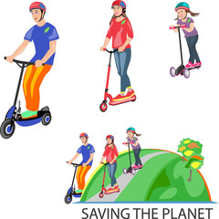 scooters and funny people or family isolated on white background in ecological context