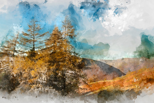 Digital watercolor painting of Majestic Autumn Fall landscape of backlit larch trees in Lake District viewed from Hallin Fell durnig a cold morning