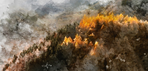 Digital watercolor painting of Beautiful landscape image of Autumn Fall with vibrant pine and larch trees against majestic setting of Hawes Water and High Stile peak in Lake District