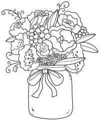 Beautiful bouquet with peonies, roses, daisies, lilacs. Romantic picture. Print Black-white bouquet. Coloring book for children and adults. Meditation and antistress.