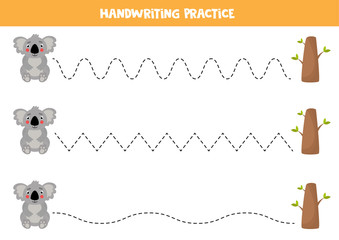 Trace the lines between cute gray koala and tree.