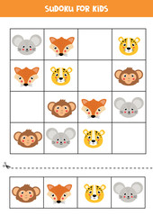 Sudoku with cute and happy animal faces.