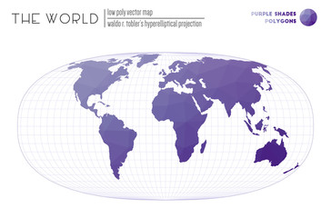 Triangular mesh of the world. Waldo R. Tobler's hyperelliptical projection of the world. Purple Shades colored polygons. Contemporary vector illustration.