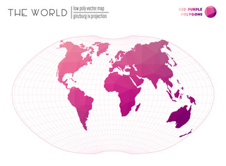 World map with vibrant triangles. Ginzburg IV projection of the world. Red Purple colored polygons. Stylish vector illustration.