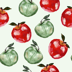 Hand drawn seamless pattern with red and green apples.